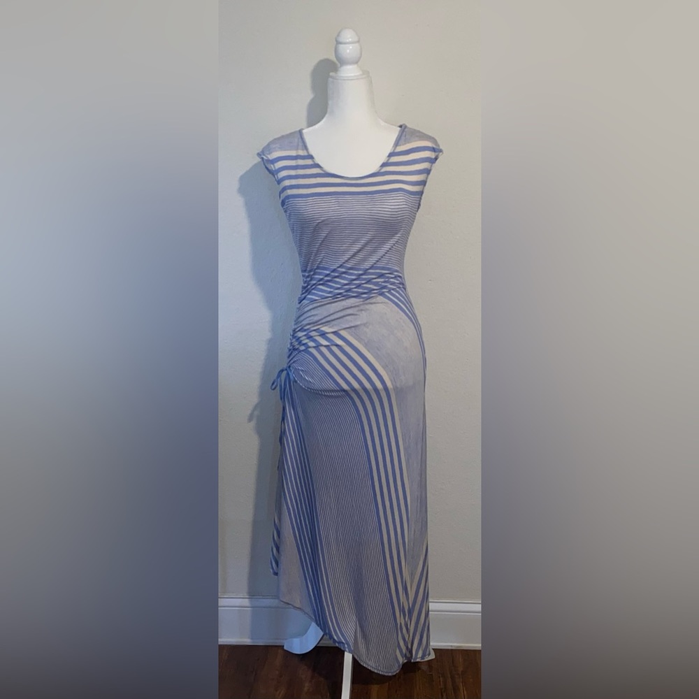 Chelsea & Violet Striped Cap Sleeve Asymmetric Hem Blue White Maxi Dress Medium
